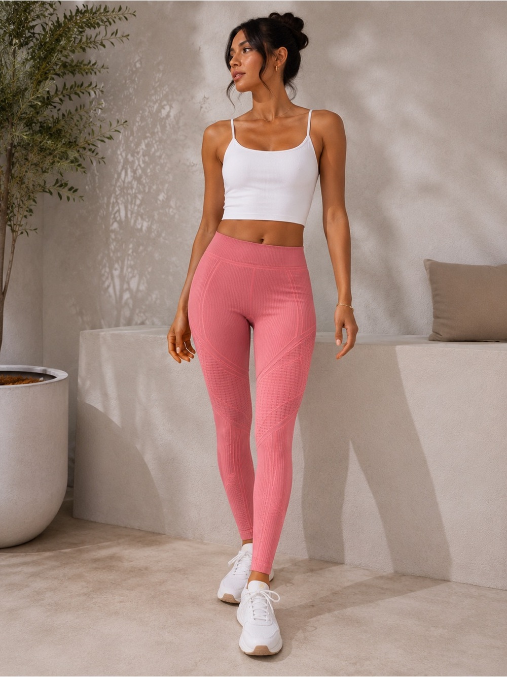 Fabletics Womens XS Pink Seamless High Rise Compression Leggings Ribbed Gym